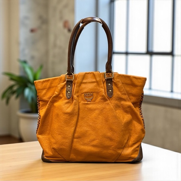MCM Orange Leather Canvas and Brown Leather Tote Bag with COA - Picture 1 of 13